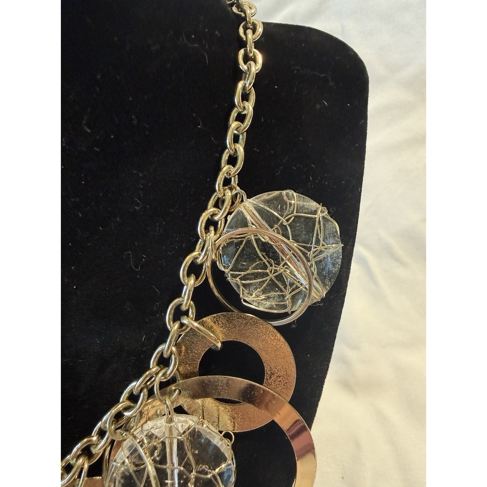 Artsy Mixed Metal Statement Necklace Geometric Circles Clear Beads Modern Boho - Picture 5 of 7